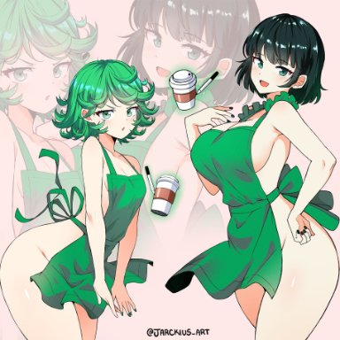 one-punch man, starbucks, esper sisters, fubuki (one-punch man), tatsumaki, jarckius, 2girls, apron, ass, bare hips, casual, cleavage, coffee, female, female only