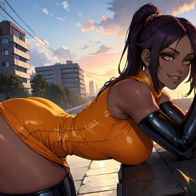 bleach, shihouin yoruichi, vertiloart, 1girls, bent over, dark skin, dark-skinned female, solo, thick thighs, thighs, thunder thighs, ai generated, tagme