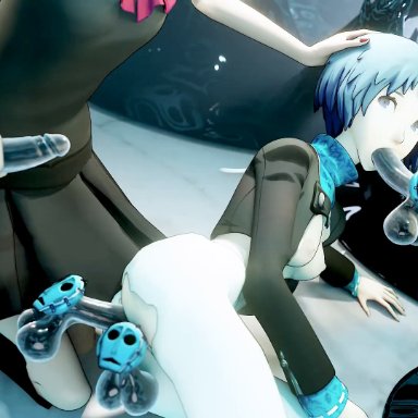 atlus, persona, persona 3, fuuka yamagishi, moriyama natsuki, shadow (persona), yamagishi fuuka, amateurthrowaway, 2girls, aqua hair, ass, assisted penetration, breasts, brown hair, brown skin