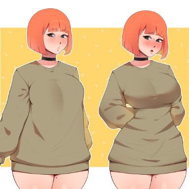 mcdonald's, patreon, yoru mac, fraankyy, :o, arms behind back, background, baggy clothes, bangs, big breasts, blush, bob cut, bottomless, bottomless female, breasts