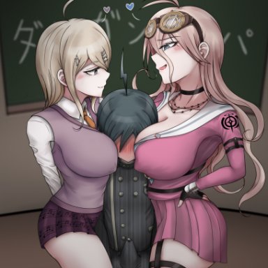 danganronpa, danganronpa v3, akamatsu kaede, iruma miu, saihara shuuichi, 7-cs, gon (congchuabuoito), 1boy, 1boy2girls, 2girls, blonde hair, blue eyes, breast press, breast smother, breasts