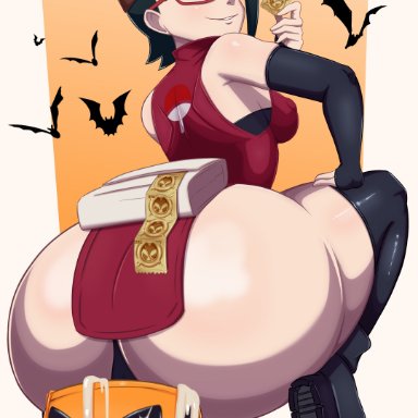 boruto: naruto next generations, halloween, naruto, sarada uchiha, uchiha sarada, nightmare hdraw, ass, ass focus, bat, black hair, breasts, condom, condom wrapper, cum, cum on object