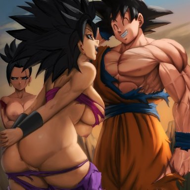 dragon ball, dragon ball super, caulifla, kale, son goku, elitenappa, 1boy, 2girls, abs, after battle, anus, arms crossed, arms crossed under breasts, ass, biceps