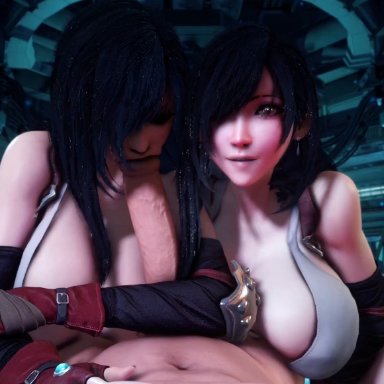 final fantasy, final fantasy vii, tifa lockhart, vaako, 1boy, 1boy2girls, 2girls, 2girls1boy, abs, alternate breast size, big penis, black hair, black shorts, blowjob, boob window