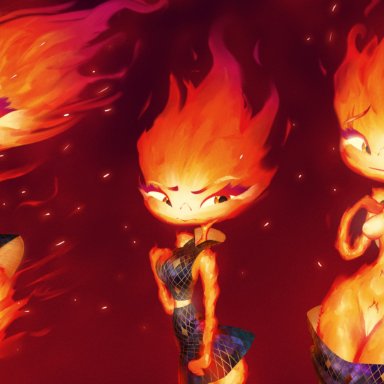 elemental (pixar), ember lumen, coolerinker, inker comics, inkershike, breasts, fire, flashing, nipples, partially nude, pubic hair, pussy