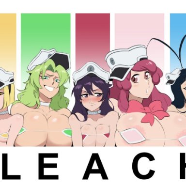 bleach, bambietta basterbine, candice catnipp, giselle gewelle, liltotto lamperd, meninas mcallon, metalling, 1boy, 4girls, alternate breast size, big breasts, black hair, blonde hair, blue eyes, blush