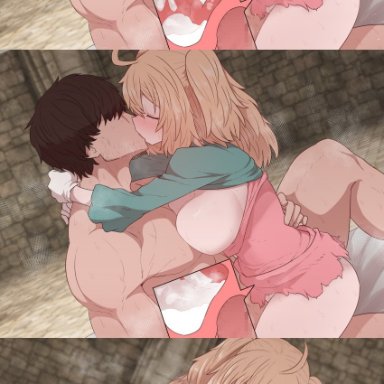 original, sumiyao (amam), 1boy, 1girls, after ejaculation, after sex, after vaginal, ahoge, arm around waist, aroused, ass, bangs, blonde hair, blush, bottomless