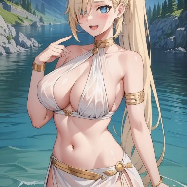 naruto, naruto (series), naruto shippuden, ino yamanaka, deinacht, big breasts, blonde hair, blue eyes, gold jewelry, greek clothes, long hair, long ponytail, looking at viewer, smiling at viewer, ai generated