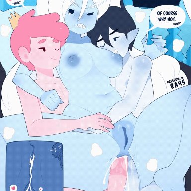 adventure time, ice queen, marshall lee, prince gumball, ra4s, 1girls, 2boys, anal, anal sex, angry, areolae, blue body, breasts, clenched teeth, double anal