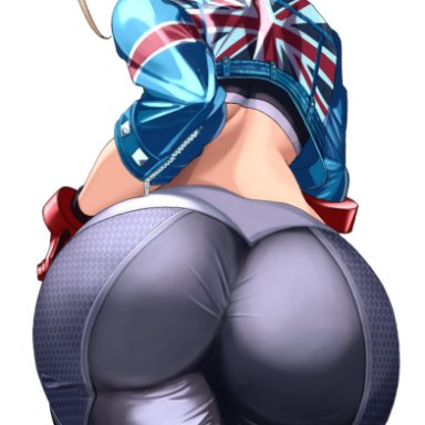 capcom, street fighter, street fighter 6, cammy white, tantan 0028, 1girls, antenna hair, ass, ass focus, back, black pants, blonde hair, blue eyes, blush, bracelet