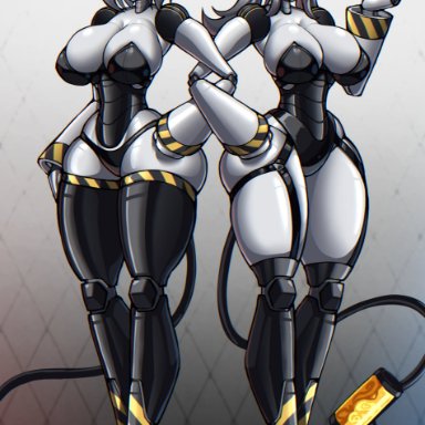 murder drones, j (murder drones), v (murder drones), zzzhodazzz, 2girls, 5 fingers, ass, big ass, big breasts, big thighs, black thighhighs, black thong, breasts, bunny ears, bunny suit