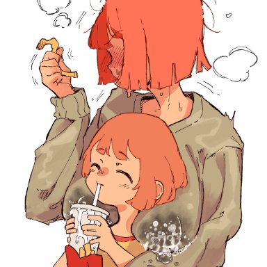 mcdonald's, president r18, ^ ^, 2girls, blush, bob cut, closed eyes, closed mouth, drinking, drinking straw, food, french fries, grey sweater, lactation, lactation through clothes