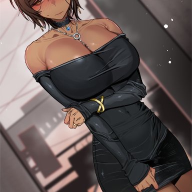 limbus company, project moon, outis (limbus company), rhlatm, 1girls, bracelet, breasts, brown hair, choker, cleavage, dark skin, dark-skinned female, dress, embarrassed, large breasts