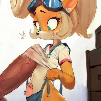 activision, crash (series), coco bandicoot, smewed, anthro, balls, bandicoot, big penis, blonde hair, blue eyes, bodily fluids, clothed, clothing, duo, erection