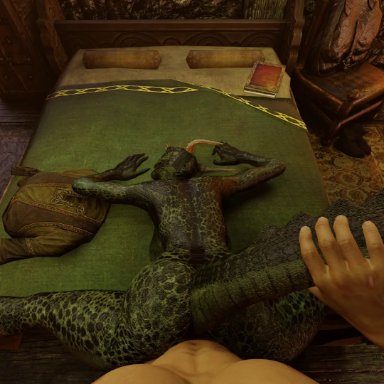 bethesda softworks, skyrim, the elder scrolls, argonian, roughcitizen, animal humanoid, anthro, anthro penetrated, ass, bed, bedroom, bouncing butt, breasts, claws, duo