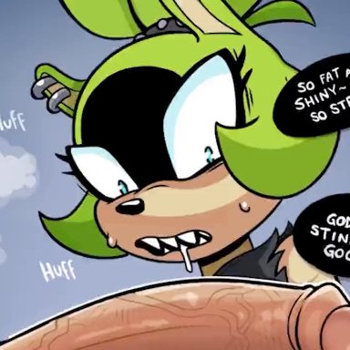 sonic (series), surge the tenrec, hellonearthiii, jellyfishjubilee, anthro, cock hungry, drooling, horny female, human, human on anthro, looking at penis, mating press, penis awe, animated, sound