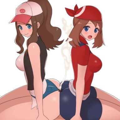 nintendo, pokemon, pokemon bw, pokemon rgby, pokemon rse, aura (pok&#233;mon), hilda (pokemon), may (pokemon), 1boy, 2girls, angry, angry face, apple butt, ass, ass bigger than body