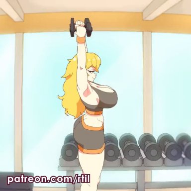 rwby, yang xiao long, pixiewillow, rtil, armbands, ass, blonde female, blonde hair, bouncing breasts, breasts, cleavage, dumbbell, exercise, exercise clothing, fit