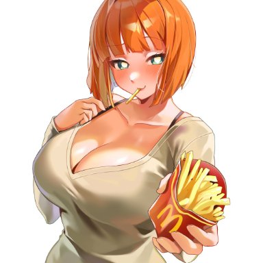 mcdonald's, machulanko, 1girls, big breasts, bob cut, breasts, busty, cleavage, curvaceous, curvy, curvy female, curvy figure, female, female only, french fries