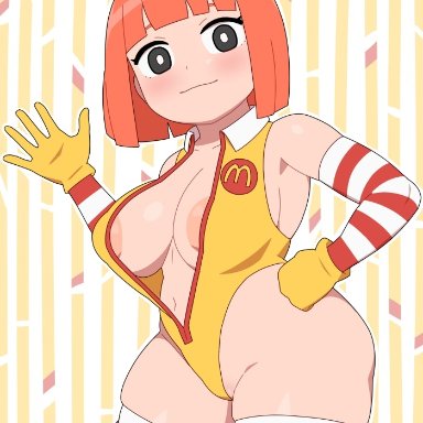 mcdonald's, kabeume, 1girls, armpits, ass, big ass, big breasts, blush, breasts, cosplay, eyelashes, female, female only, gloves, legwear