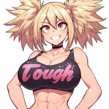 my hero academia, bakugou katsuki, female bakugou, katsuki bakugou, krystalizedart, abs, bimbo, bimbo body, black topwear, blonde hair, choker, cleavage, collar, crop top, gender transformation