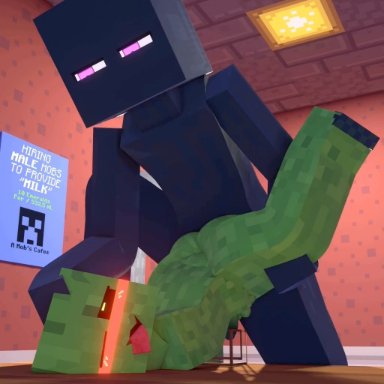 minecraft, creeper, enderman, dexiony'smc, ahe gao, balls, black body, blush, cafe, consensual, cum, cum in container, femboy, from behind position, gay