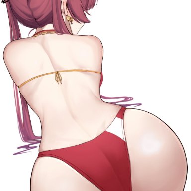 hololive, houshou marine, pomp (qhtjd0120), ass, ass focus, bent over, bikini, black ribbon, blush, ear blush, earrings, facing away, female, from behind, hair ribbon