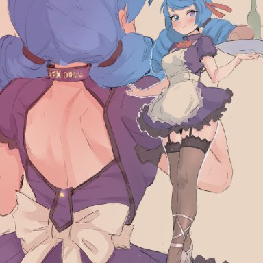 league of legends, gwen (league of legends), cafin, gwe, 1girls, big breasts, blue eyes, blue hair, drill hair, high heels, maid, maid headdress, maid uniform, sex doll, stockings