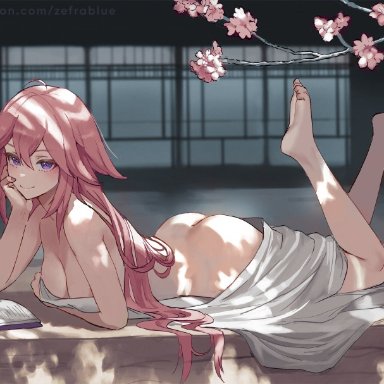 genshin impact, yae miko, ass, bed sheet, blush, book, bottle, breasts, butt crack, cherry blossoms, cleavage, elbow rest, feet up, female, from side