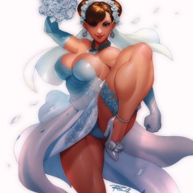 capcom, street fighter, chun-li, robaato, asian, asian female, big breasts, bouquet, breasts, bride, brown eyes, brown hair, cleavage, double bun, dress