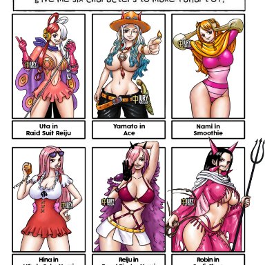 one piece, hina (one piece), nami, nico robin, uta (one piece), vinsmoke reiju, yamato (one piece), iury padilha, 6+girls, ass, big breasts, boots, breasts, busty, cleavage