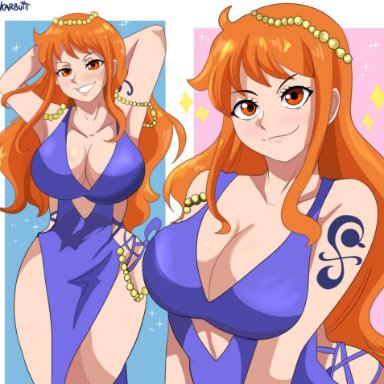 one piece, nami, karbuitt, 1girls, breasts, cleavage, dress, female, huge breasts, light skin, light-skinned female, long hair, orange hair, shoulder tattoo, smile