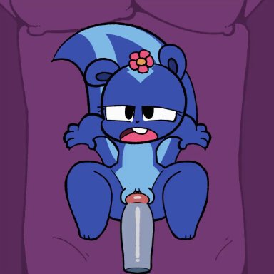 happy tree friends, petunia (htf), yopy, 1boy, 1boy1girl, 1girl1boy, 1girls, 3 toes, 4 fingers, anthro, bed, big penis, black eyes, blue body, blue countershading