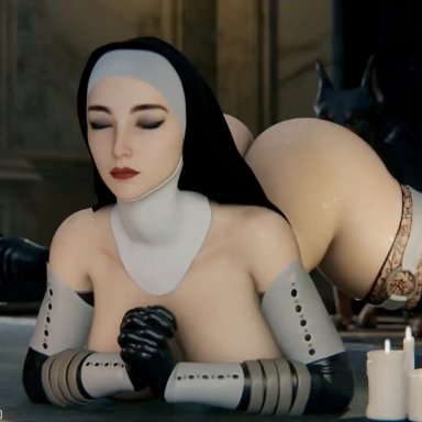 battle nun, fan character, cumkeys, animal genitalia, animal penis, ass, big breasts, big butt, bodily fluids, boots, bottomless, bottomless female, bouncing breasts, breasts, candle