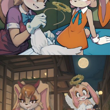 halloween, sega, sonic (series), sonic the hedgehog (series), cream the rabbit, mobian (species), vanilla the rabbit, 2girls, accidental exposure, all fours, angel wings, anthro, anthro only, areola slip, areolae