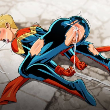 marvel, marvel comics, captain marvel, carol danvers, pumpkinsinclair, 1girls, after rape, anus, blonde hair, blush, blushing, cum, cum drip, cum dripping, cum in ass