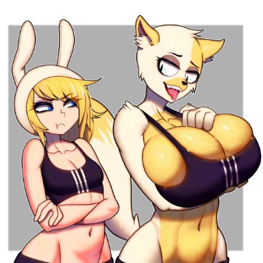 adventure time, fionna and cake, cake the cat, fionna campbell, fionna the human girl, dogiflan, 2girls, anthro, big breasts, big eyes, blonde hair, blue eyes, breasts, cat ears, catgirl