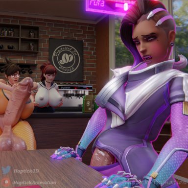 overwatch, sombra, tracer, haptick, 1girls, 2futa, balls bigger than head, balls bigger than torso, big breasts, breasts bigger than head, breasts bigger than torso, cock growth, cum, cumming, enormous breasts