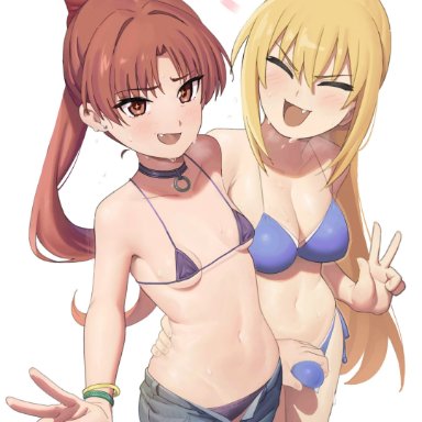 to aru kagaku no railgun, to aru majutsu no index, shirai kuroko, shokuhou misaki, frip, 1futa, 1girls, alternate hairstyle, blonde hair, blush, bra, bracelet, breasts, brown hair, cleavage