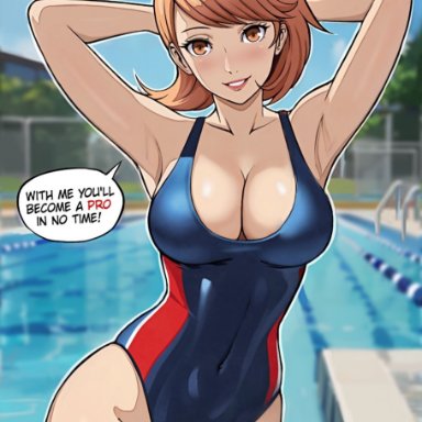 atlus, persona, persona 3, yukari takeba, lepypepy, 1girls, armpits, arms up, breasts, brown eyes, brown hair, cleavage, competition swimsuit, female, highleg swimsuit