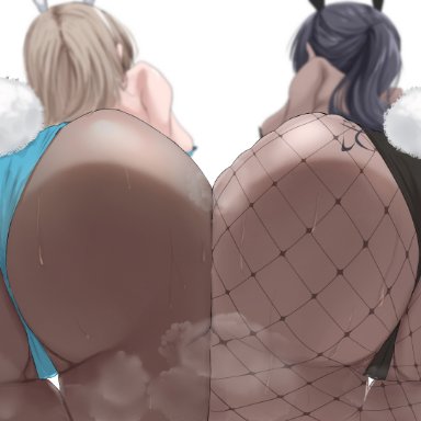 blue archive, asuna (blue archive), karin (blue archive), artist request, 2girls, ass, ass focus, black hair, blonde hair, bunny ears, bunny girl, bunnysuit, chocolate and vanilla, dark skin, dark-skinned female