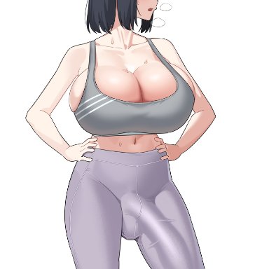 futanarigomu, gomu (artist), 1futa, balls, black hair, blush, breasts, bulge, bursting breasts, cleavage, clothed, clothing, crop top, dickgirl, erection