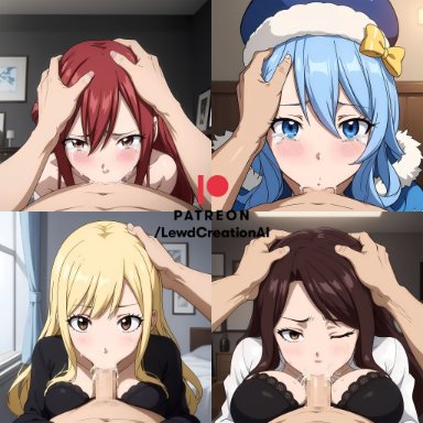 fairy tail, cana alberona, erza scarlet, juvia lockser, lucy heartfilia, lewdcreationsai, 1boy, 1boy1girl, 1girl1boy, 1girls, black hair, blonde female, blonde hair, blue eyes, blue hair