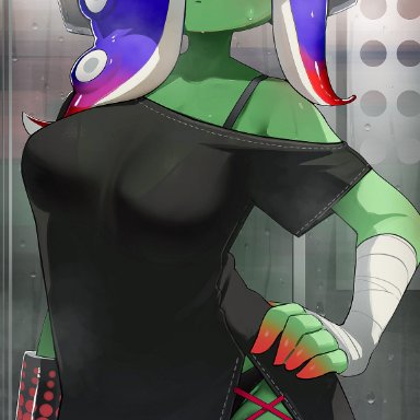 nintendo, splatoon, splatoon 3, splatoon 3: side order, acht (splatoon), dedf1sh, mizuta ahato (splatoon), octoling, hizake, kashu (hizake), 1girls, breasts, female, green skin, hand on hip