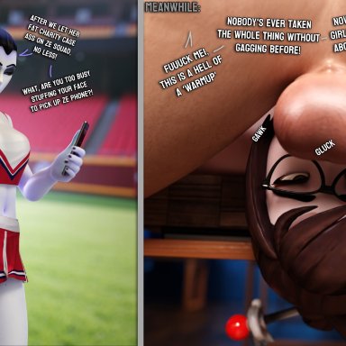 blender (software), overwatch, mei (overwatch), widowmaker, smitty34, blowjob, cheerleader, cheerleader uniform, face fucking, faceless male, upside down fellatio, 3d, 3d (artwork), comic, tagme