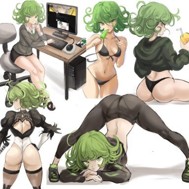 one-punch man, twitter, tatsumaki, yorha 2b (cosplay), rakeemspoon, 1girls, arm rest, ass, bikini, black sweater, breasts, closed mouth, clothes lift, face down ass up, female