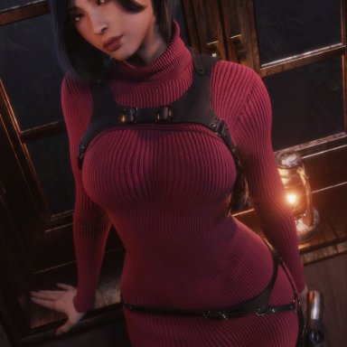 capcom, resident evil 2 remake, ada wong, ria-neearts, 1female, black eyes, black hair, body harness, female, gun, hourglass figure, leather boots, leg weapon holster, medium breasts, red sweater