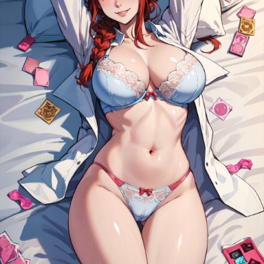 chainsaw man, makima (chainsaw man), lxlbanner, bed, bedroom, big breasts, bra, red hair, ai generated