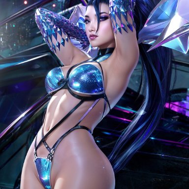 k/da all out series, league of legends, k/da all out kai'sa, kai'sa, therealzoh, armpits, big ass, big breasts, blue hair, hourglass figure, lingerie, lipstick, purple eyes, thick thighs, thighs