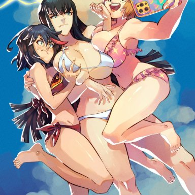 kill la kill, kiryuuin satsuki, mankanshoku mako, matoi ryuuko, senketsu, rafchu, 3girls, belly button, big breasts, bikini, black hair, blue eyes, blush, brown eyes, brown hair